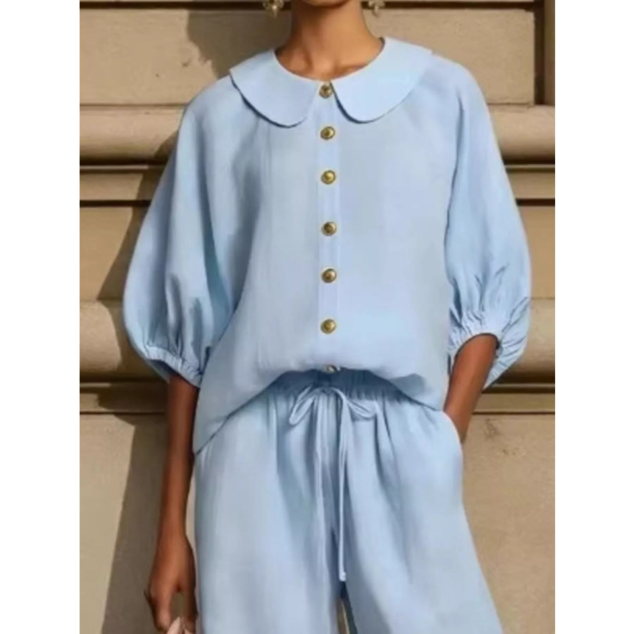 Full Size Button Down Half Sleeve Top and Pants Set Plus Size Apparel and Accessories