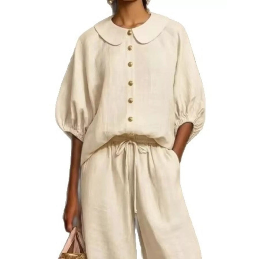 Full Size Button Down Half Sleeve Top and Pants Set Plus Size Apparel and Accessories