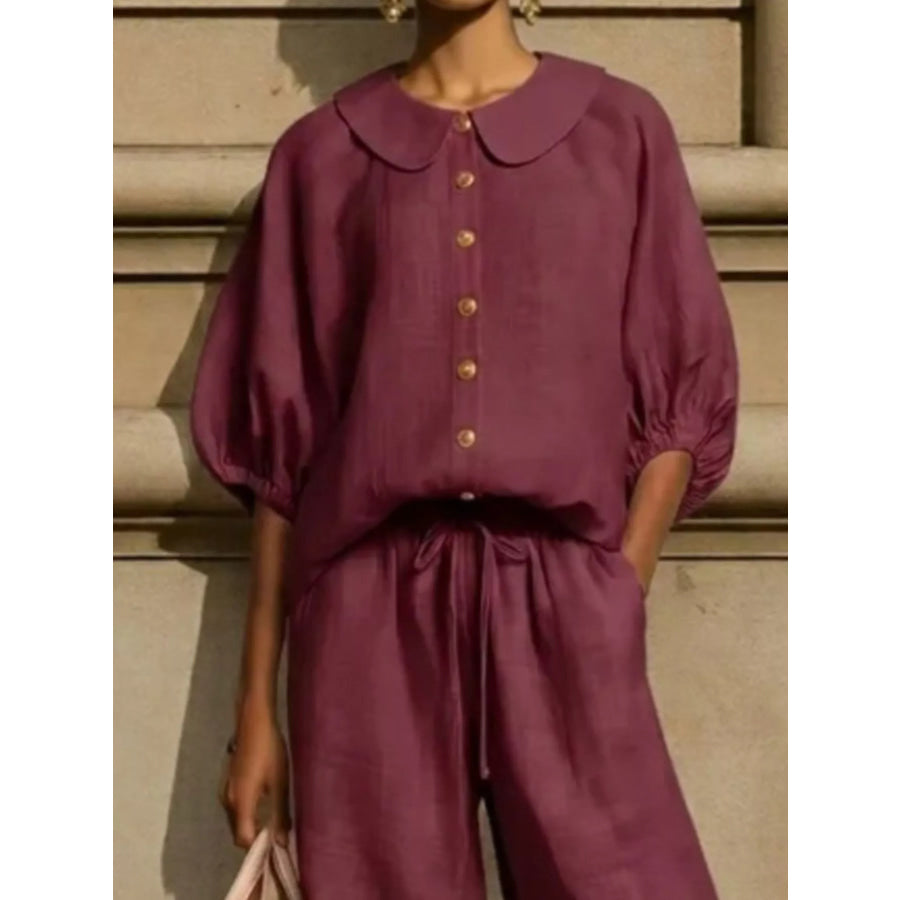 Full Size Button Down Half Sleeve Top and Pants Set Plus Size Apparel and Accessories