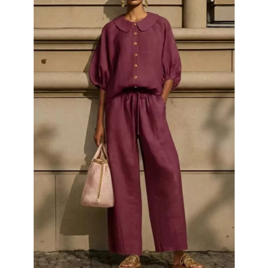 Full Size Button Down Half Sleeve Top and Pants Set Plus Size Burgundy / XS Apparel and Accessories