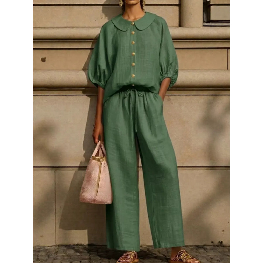 Full Size Button Down Half Sleeve Top and Pants Set Plus Size Green / XS Apparel and Accessories