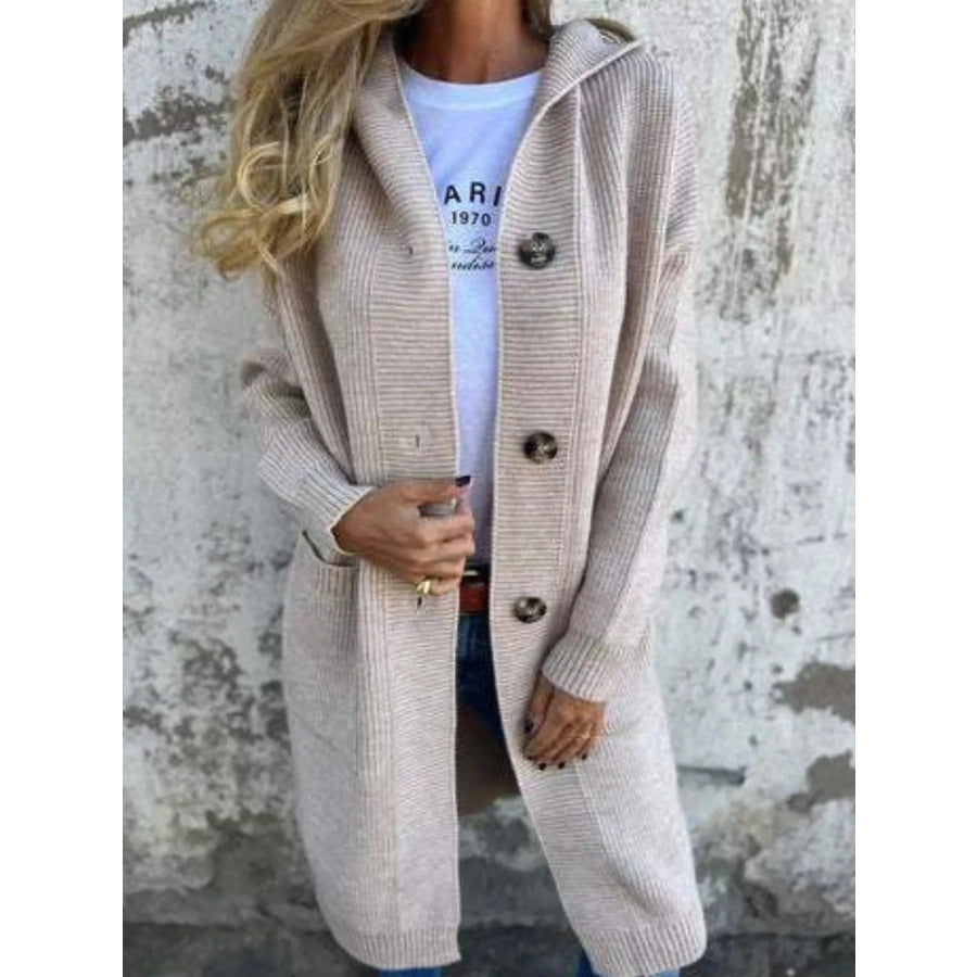 Full Size Button-Down Hooded Cardigan Plus Size Apparel and Accessories