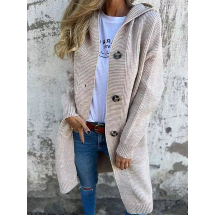 Full Size Button-Down Hooded Cardigan Plus Size Apparel and Accessories