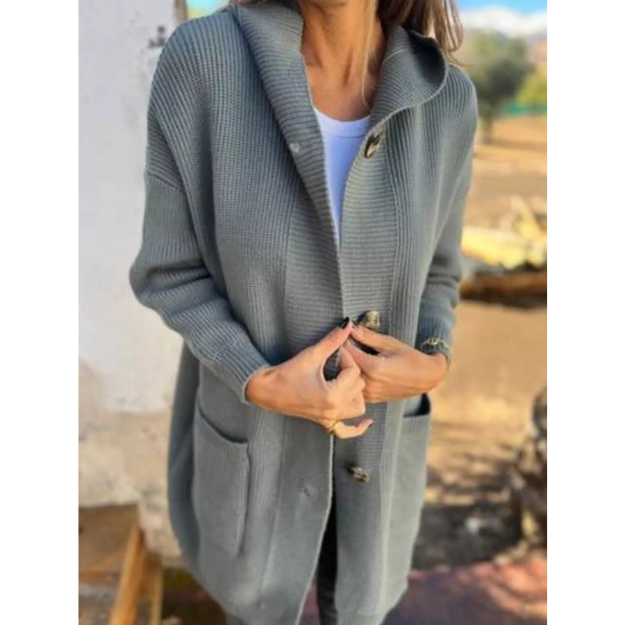 Full Size Button-Down Hooded Cardigan Plus Size Apparel and Accessories