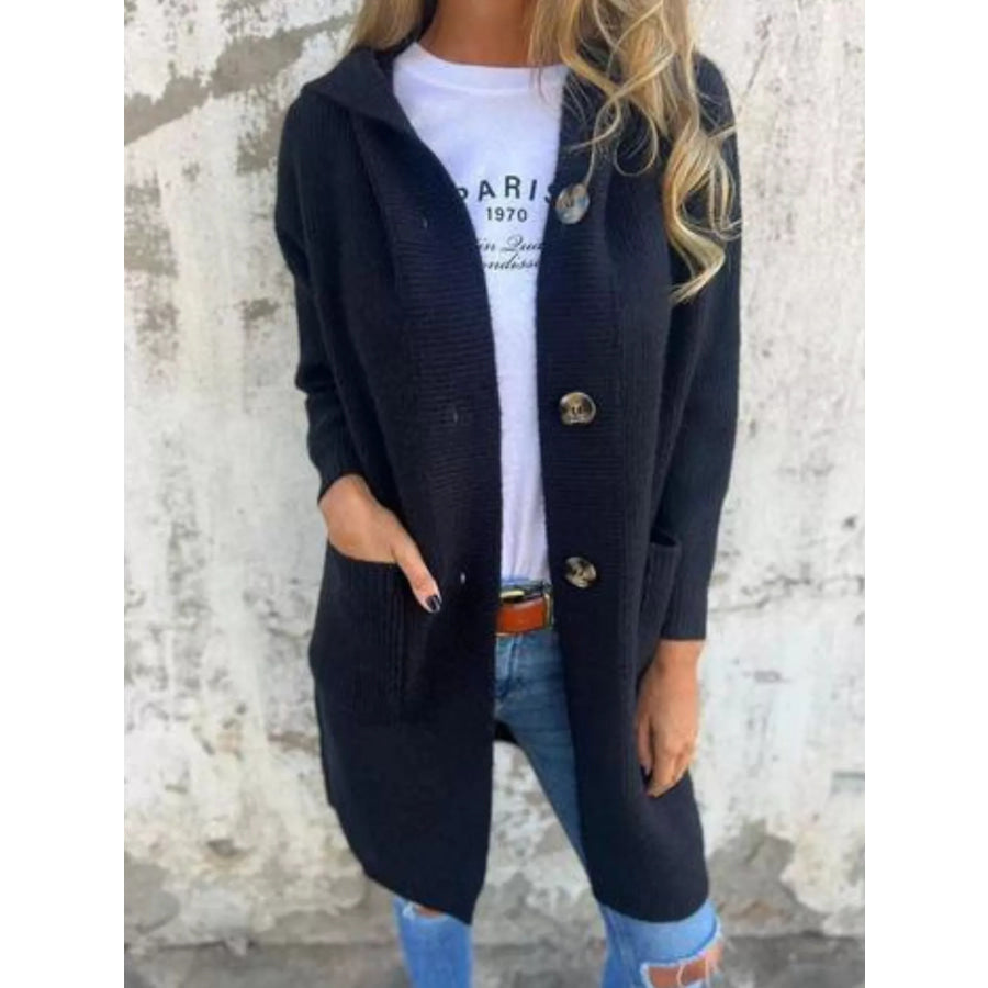 Full Size Button-Down Hooded Cardigan Plus Size Apparel and Accessories
