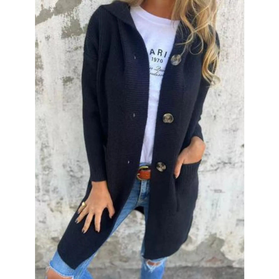 Full Size Button-Down Hooded Cardigan Plus Size Black / S Apparel and Accessories