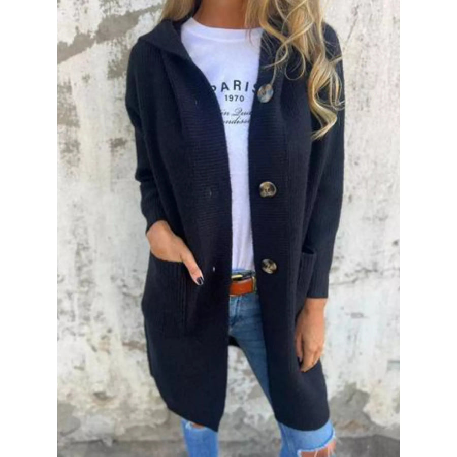 Full Size Button-Down Hooded Cardigan Plus Dark Green / S Apparel and Accessories