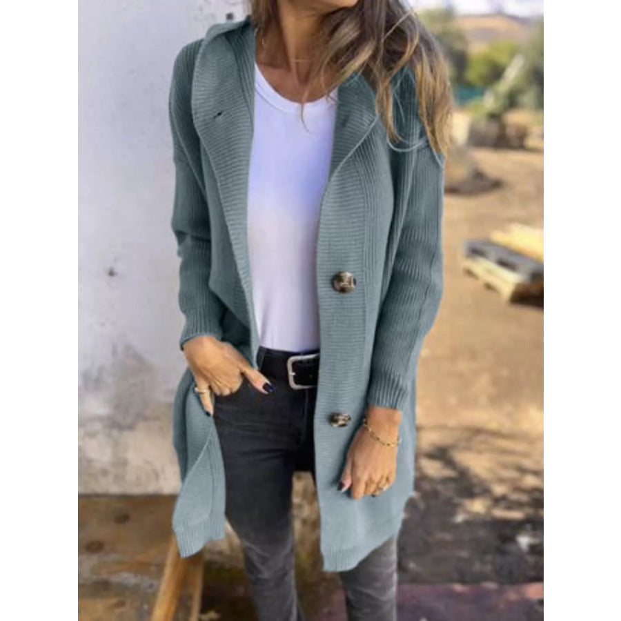 Full Size Button-Down Hooded Cardigan Plus Size Dark Green / S Apparel and Accessories