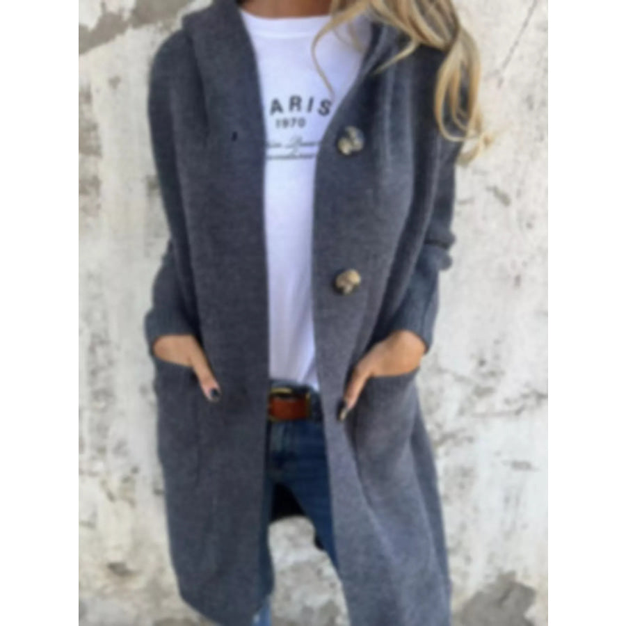 Full Size Button-Down Hooded Cardigan Plus Grey / S Apparel and Accessories