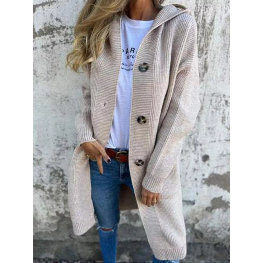 Full Size Button-Down Hooded Cardigan Plus Light Gray / S Apparel and Accessories
