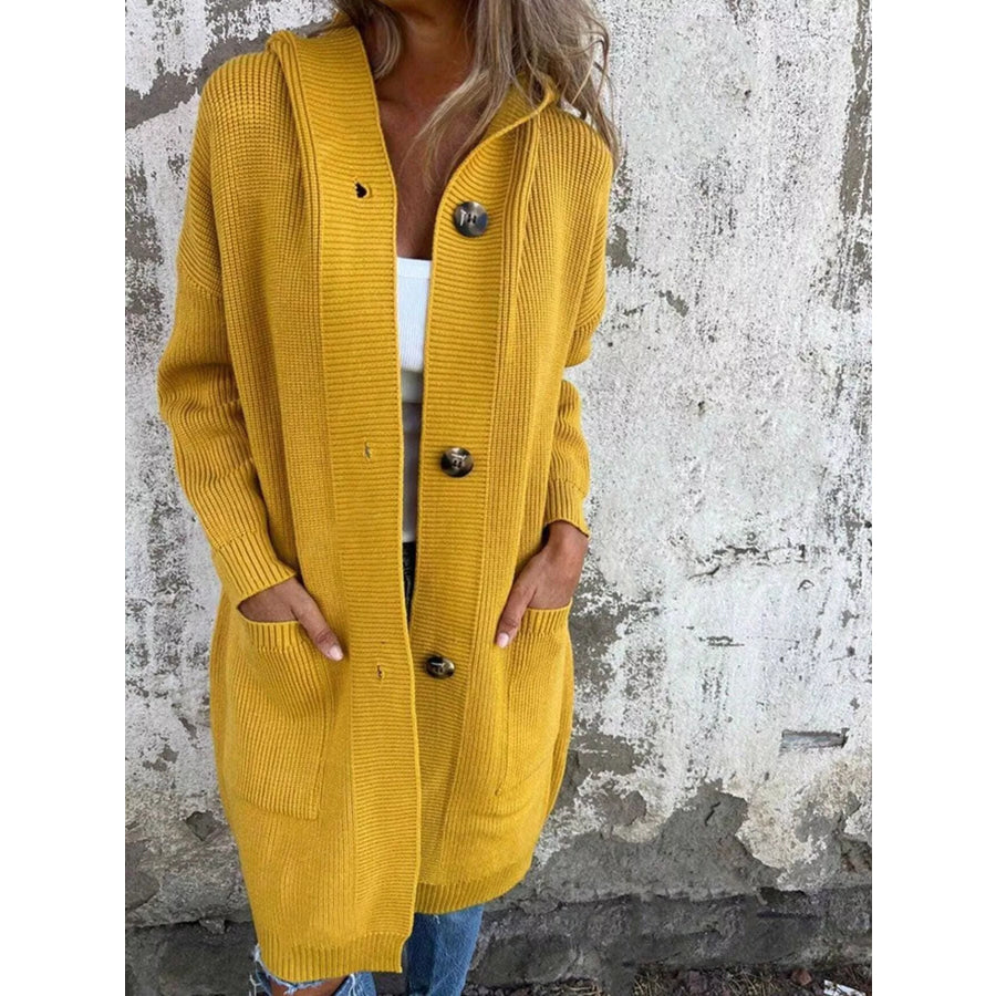 Full Size Button-Down Hooded Cardigan Plus Size Yellow / S Apparel and Accessories