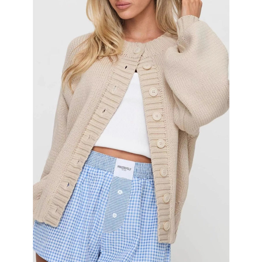 Full Size Button-Down Knit Cardigan Plus Size Beige / S Apparel and Accessories