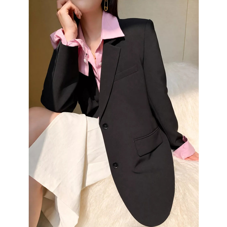 Full Size Button-Down Lapel Collar Blazer Plus Black / S Apparel and Accessories
