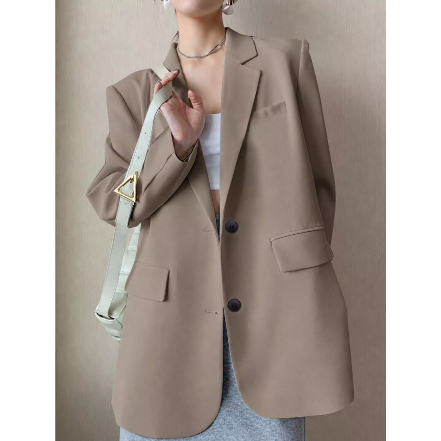 Full Size Button-Down Lapel Collar Blazer Plus Khaki / S Apparel and Accessories