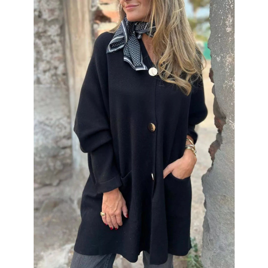 Full Size Button-Down Long Sleeve Cardigan Plus Size Black / S Apparel and Accessories