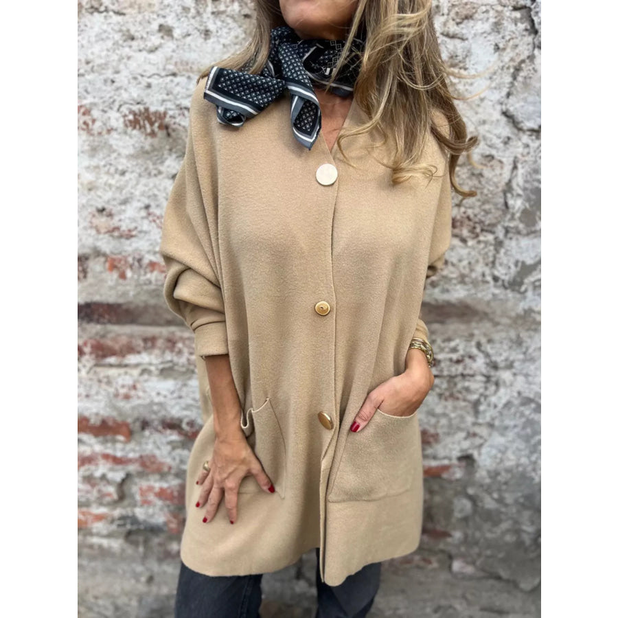 Full Size Button-Down Long Sleeve Cardigan Plus Size Tan / S Apparel and Accessories