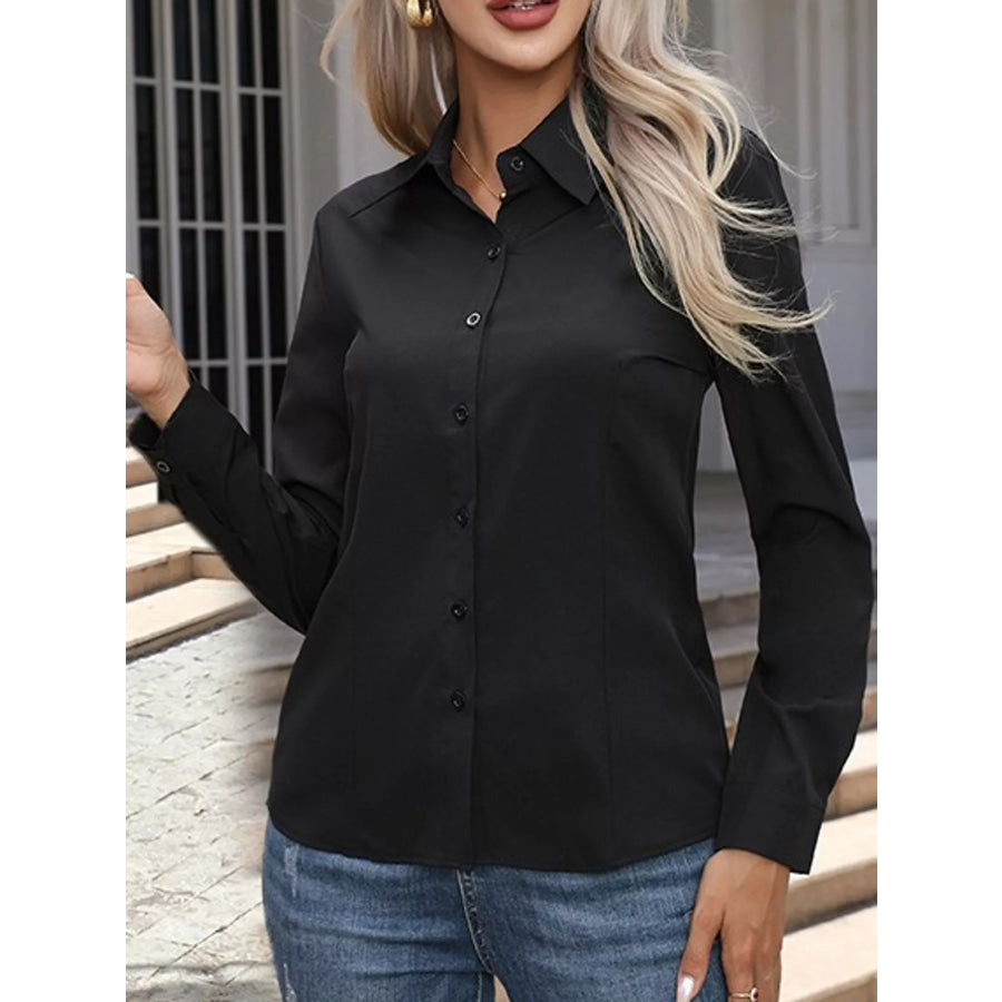 Full Size Button-Down Long Sleeve Shirt Plus Black / S Apparel and Accessories