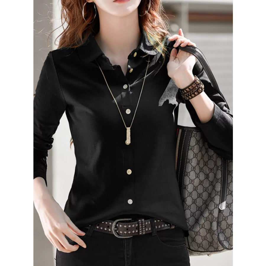 Full Size Button-Down Long Sleeve Shirt Plus Black / S Apparel and Accessories