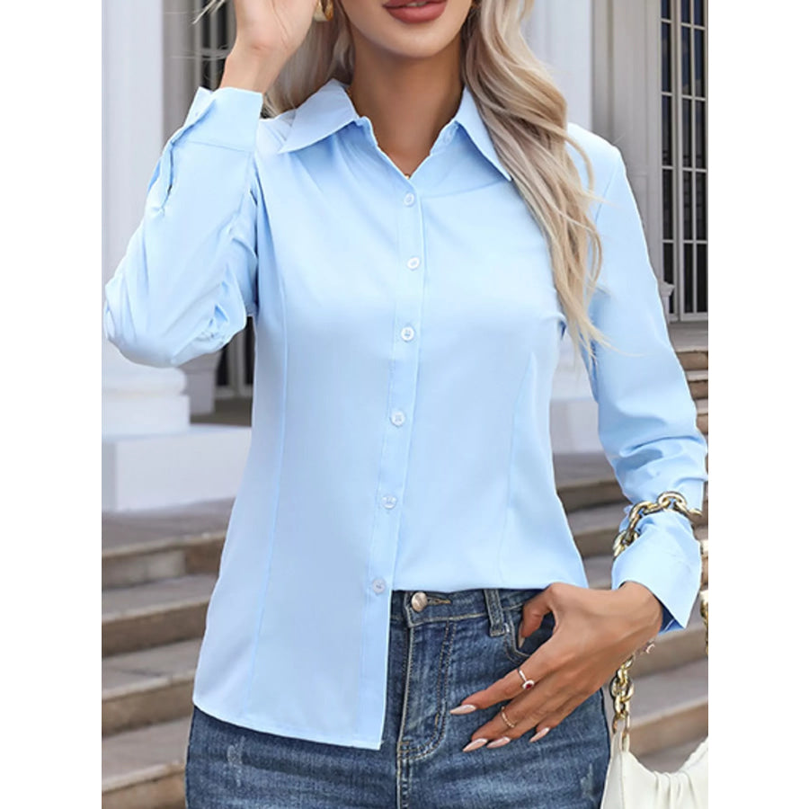 Full Size Button-Down Long Sleeve Shirt Plus Blue / S Apparel and Accessories