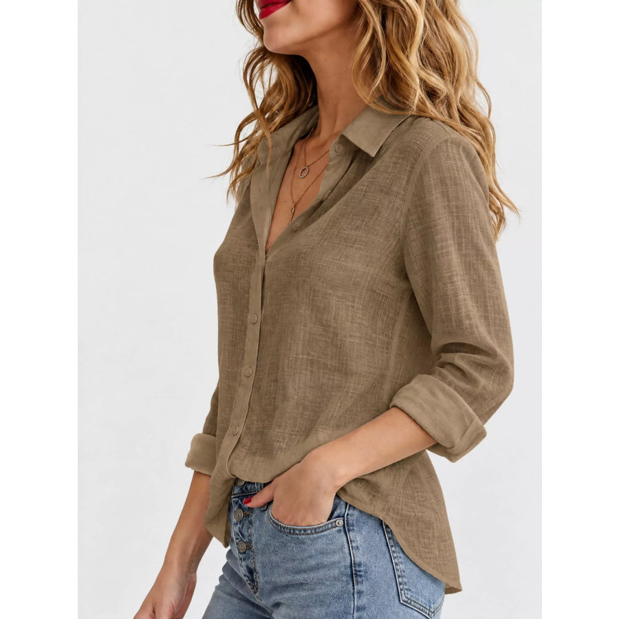 Full Size Button-Down Long Sleeve Shirt Plus Brown / S Apparel and Accessories