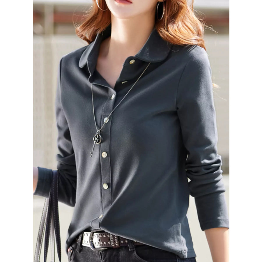 Full Size Button-Down Long Sleeve Shirt Plus Dark Gray / S Apparel and Accessories
