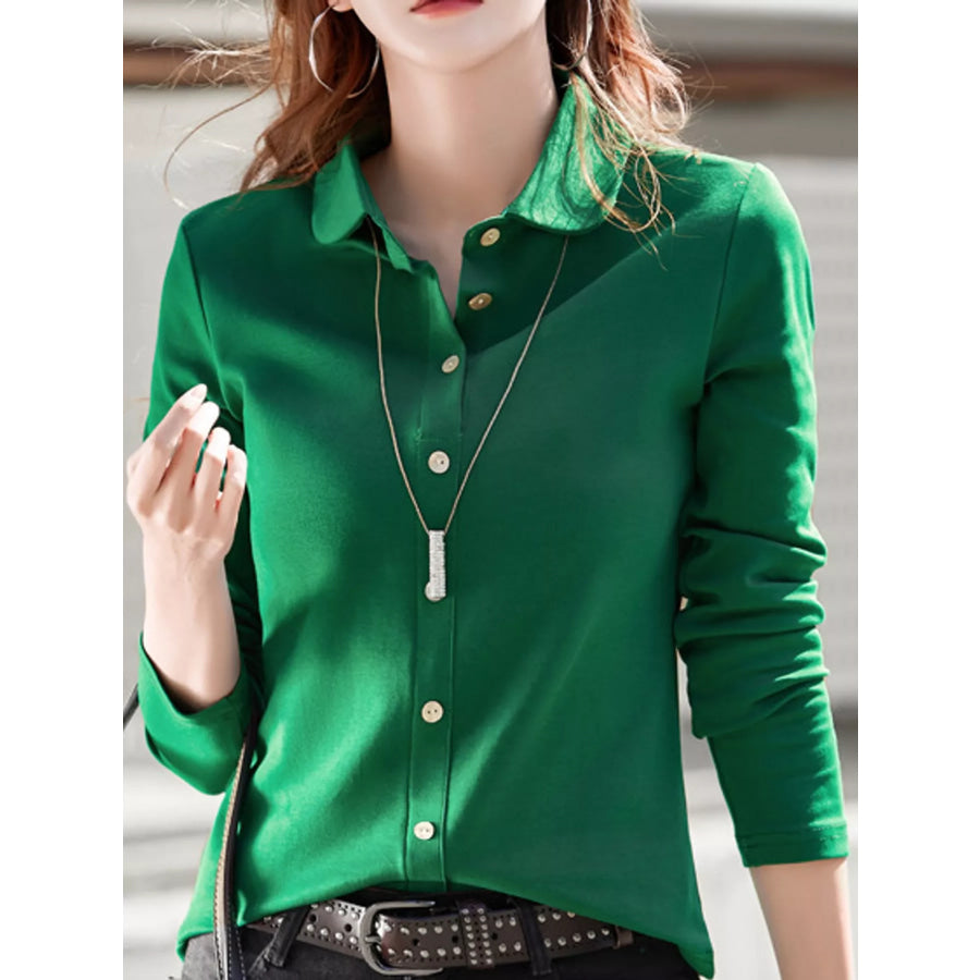 Full Size Button-Down Long Sleeve Shirt Plus Green / S Apparel and Accessories