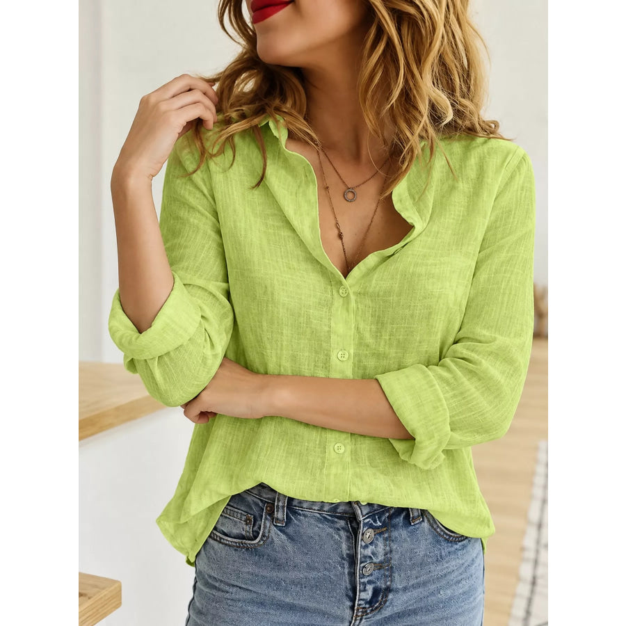Full Size Button-Down Long Sleeve Shirt Plus Green / S Apparel and Accessories