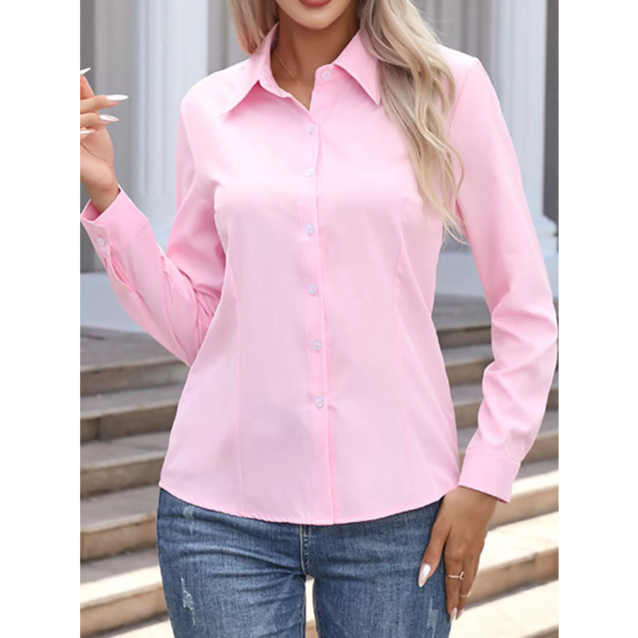 Full Size Button-Down Long Sleeve Shirt Plus Pink / S Apparel and Accessories