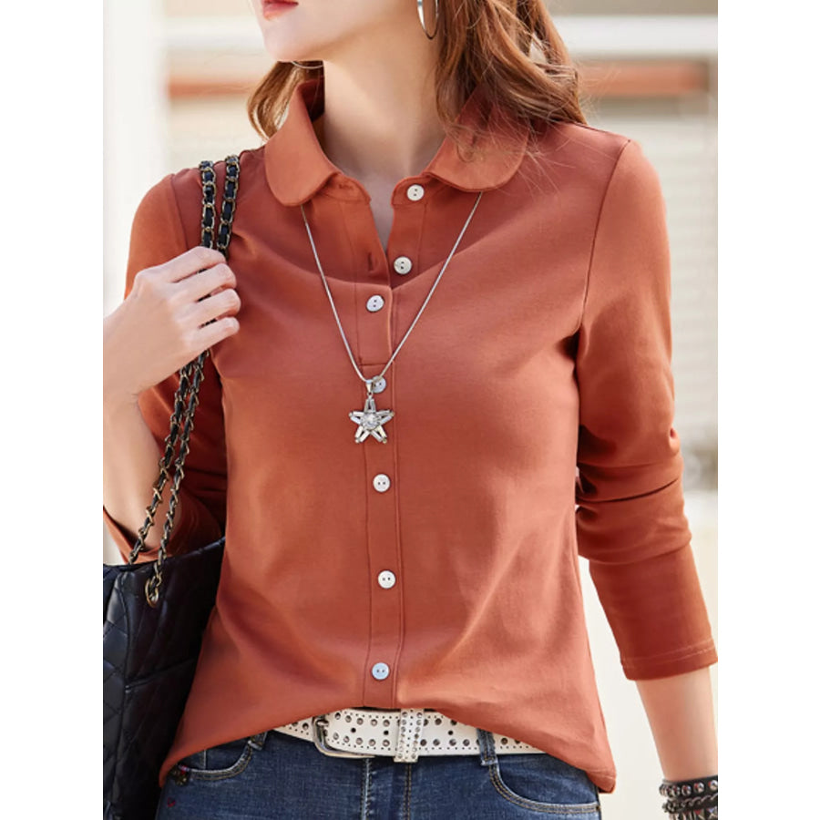 Full Size Button-Down Long Sleeve Shirt Plus Pumpkin Orange / S Apparel and Accessories