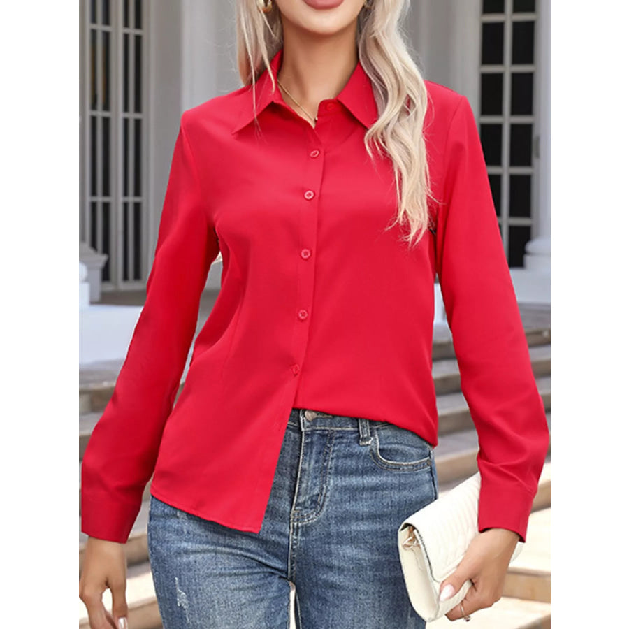Full Size Button-Down Long Sleeve Shirt Plus Red / S Apparel and Accessories