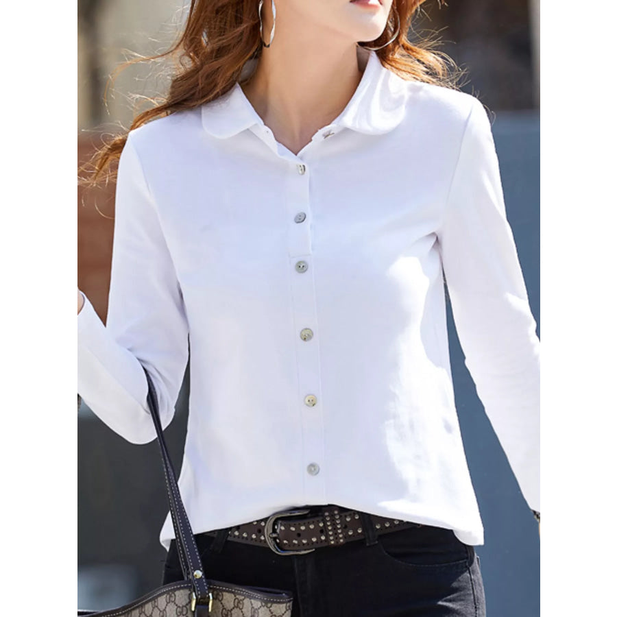 Full Size Button-Down Long Sleeve Shirt Plus White / S Apparel and Accessories