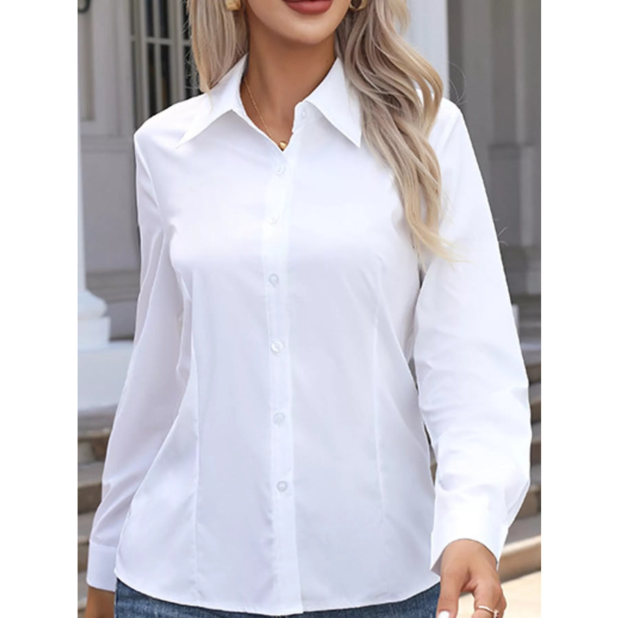 Full Size Button-Down Long Sleeve Shirt Plus White / S Apparel and Accessories