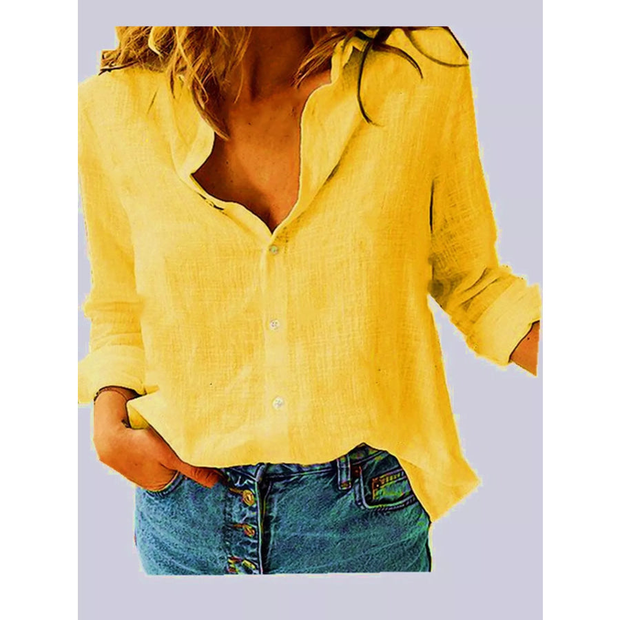 Full Size Button-Down Long Sleeve Shirt Plus Yellow / S Apparel and Accessories
