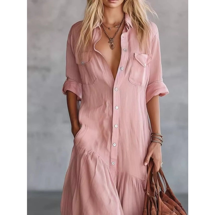 Full Size Button-Down Maxi Shirt Dress with Pockets Plus Apparel and Accessories