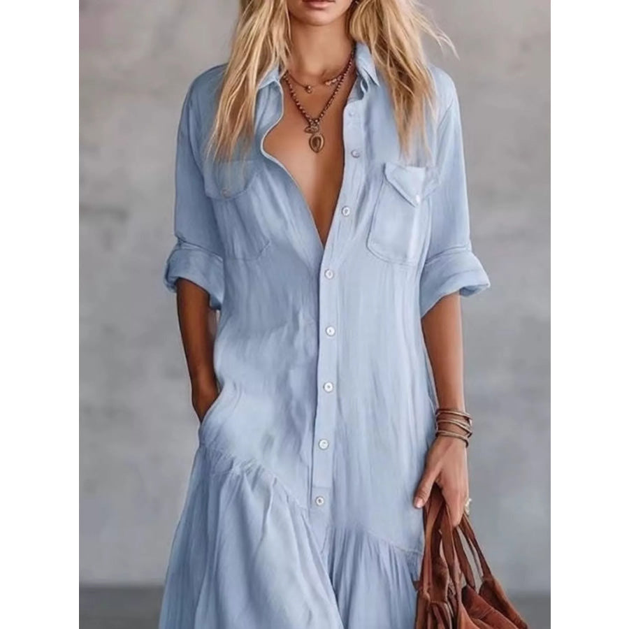 Full Size Button-Down Maxi Shirt Dress with Pockets Plus Apparel and Accessories