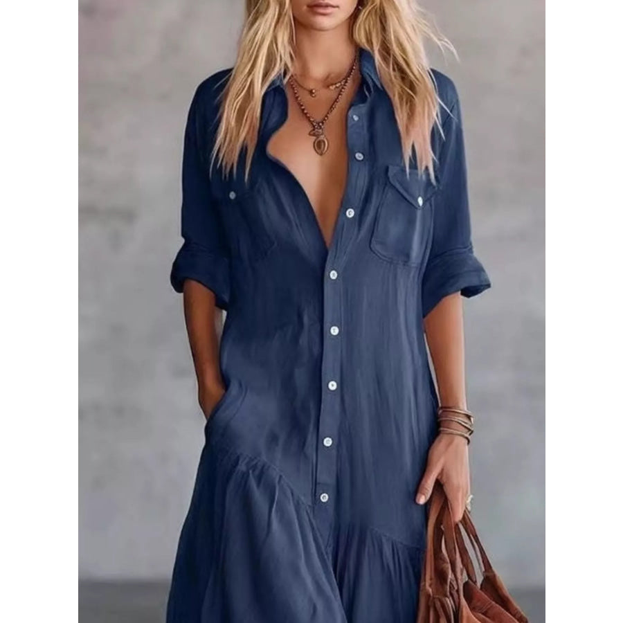 Full Size Button-Down Maxi Shirt Dress with Pockets Plus Dark Blue / S Apparel and Accessories