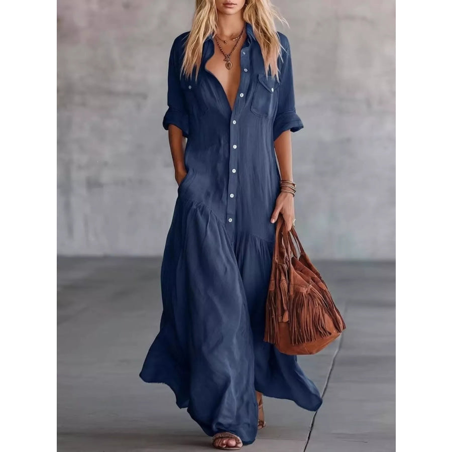 Full Size Button-Down Maxi Shirt Dress with Pockets Plus Dark Blue / S Apparel and Accessories