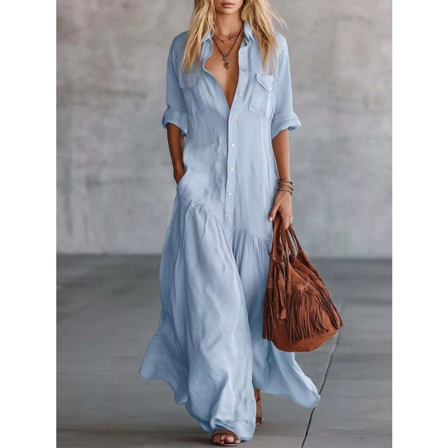 Full Size Button-Down Maxi Shirt Dress with Pockets Plus Light Blue / S Apparel and Accessories