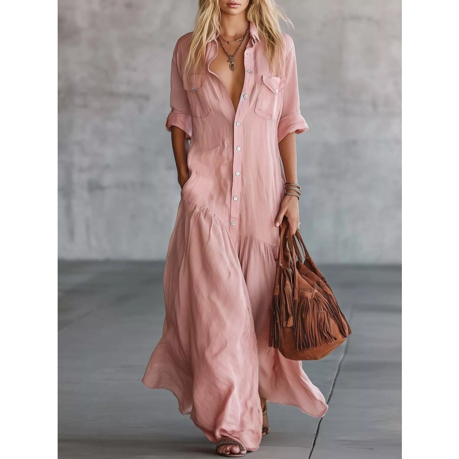 Full Size Button-Down Maxi Shirt Dress with Pockets Plus Pink / S Apparel and Accessories