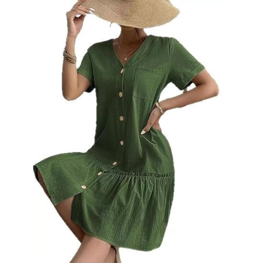Full Size Button-Down Ruffle Hem Mini Dress Plus Size Apparel and Accessories