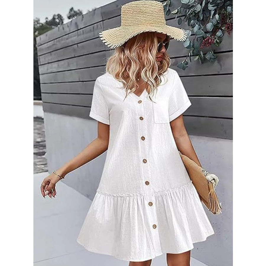 Full Size Button-Down Ruffle Hem Mini Dress Plus Size Apparel and Accessories