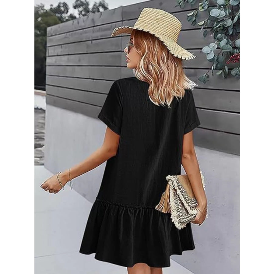Full Size Button-Down Ruffle Hem Mini Dress Plus Size Apparel and Accessories