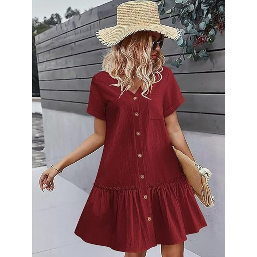 Full Size Button-Down Ruffle Hem Mini Dress Plus Size Apparel and Accessories
