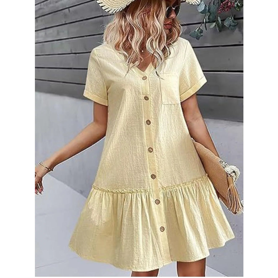 Full Size Button-Down Ruffle Hem Mini Dress Plus Size Beige / S Apparel and Accessories