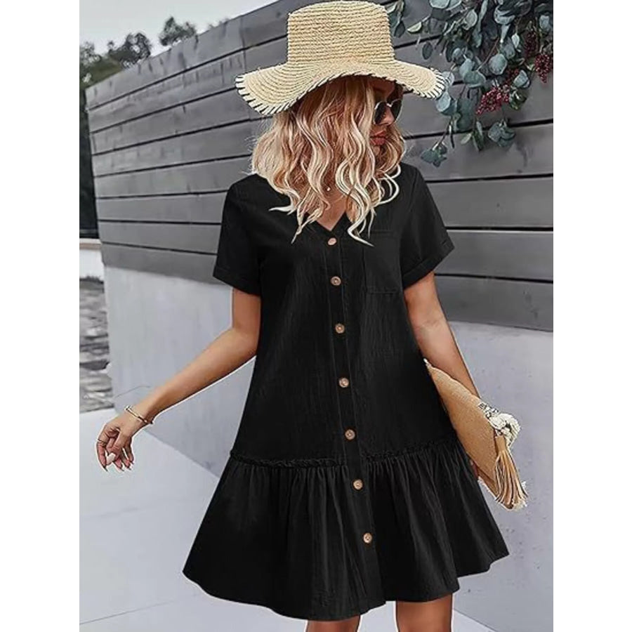 Full Size Button-Down Ruffle Hem Mini Dress Plus Size Black / S Apparel and Accessories