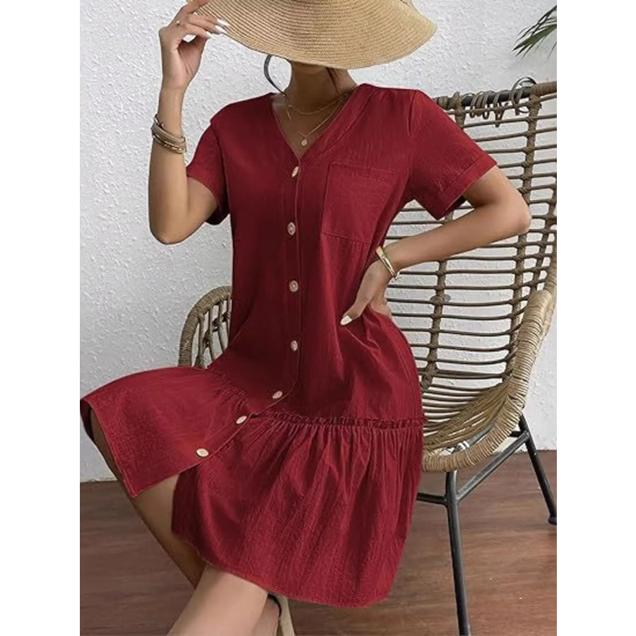 Full Size Button-Down Ruffle Hem Mini Dress Plus Size Burgundy / S Apparel and Accessories