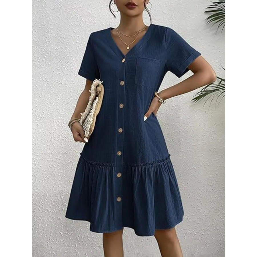 Full Size Button-Down Ruffle Hem Mini Dress Plus Size Dark Blue / S Apparel and Accessories