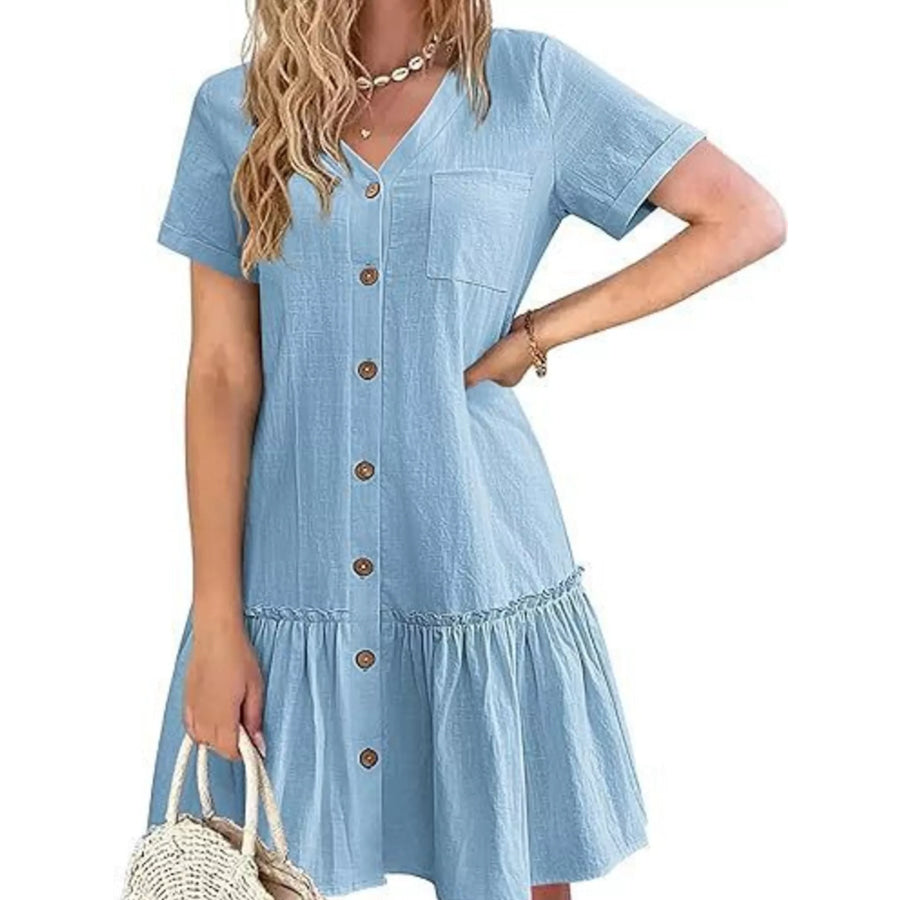 Full Size Button-Down Ruffle Hem Mini Dress Plus Size Light Blue / S Apparel and Accessories