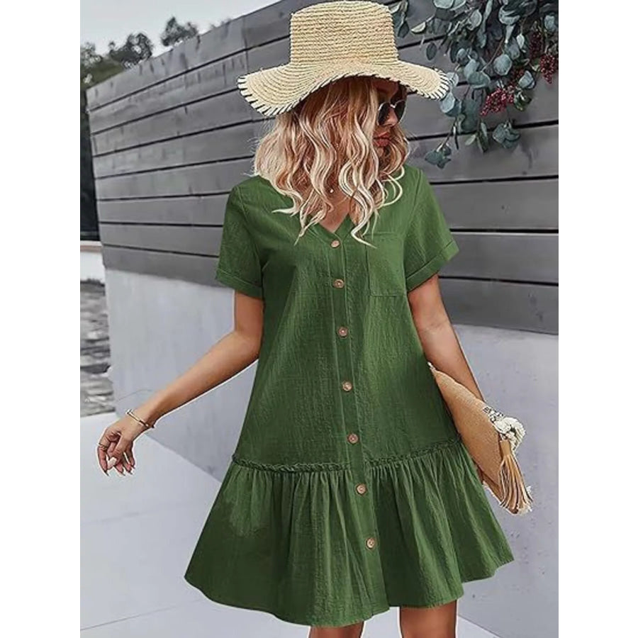 Full Size Button-Down Ruffle Hem Mini Dress Plus Size Military Green / S Apparel and Accessories
