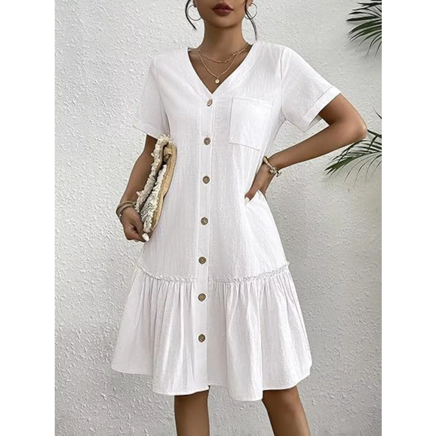 Full Size Button-Down Ruffle Hem Mini Dress Plus Size White / S Apparel and Accessories